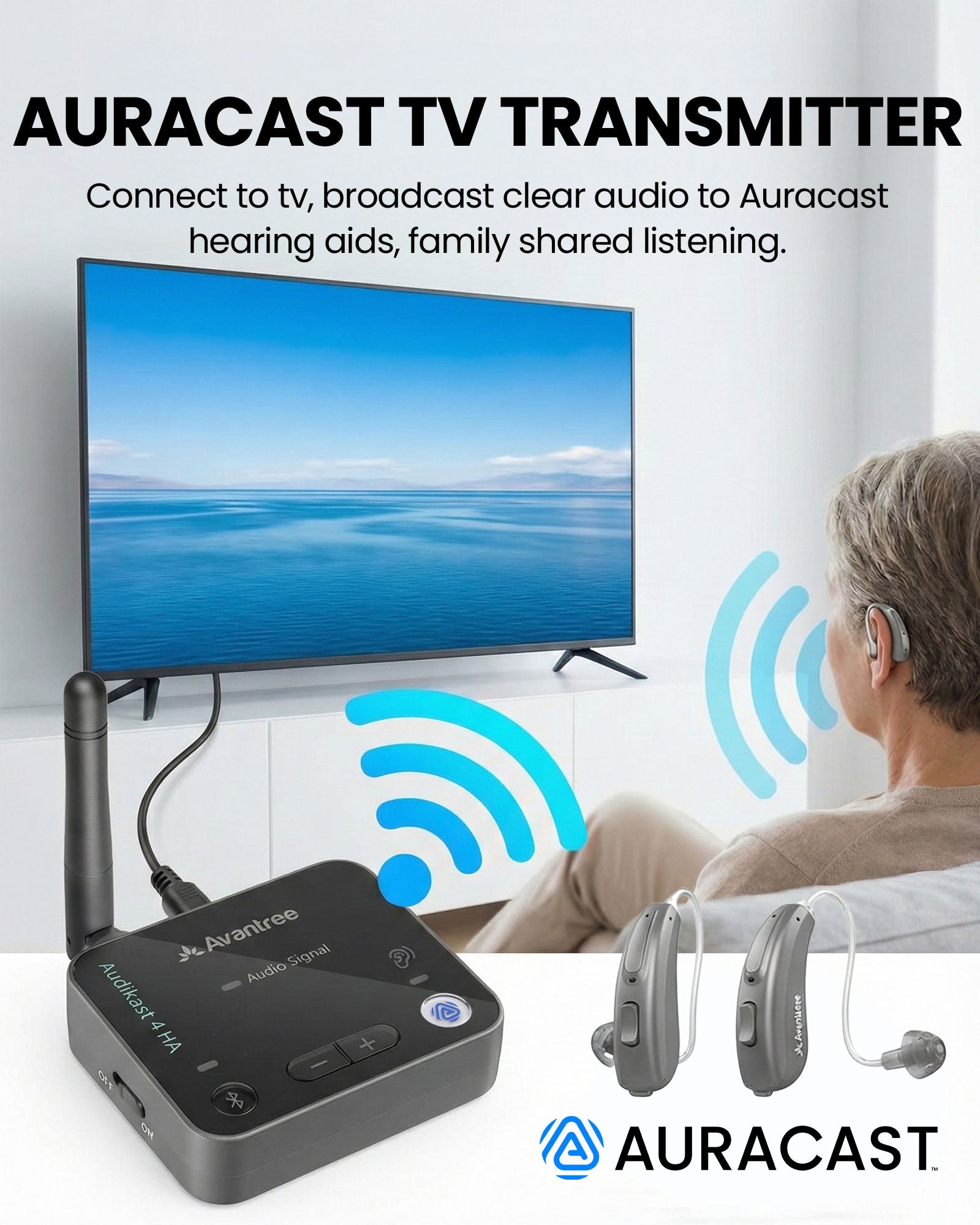 Audikast 4HA Bluetooth & Auracast TV Transmitter. Connects multiple Auracast-enabled hearing aids. 