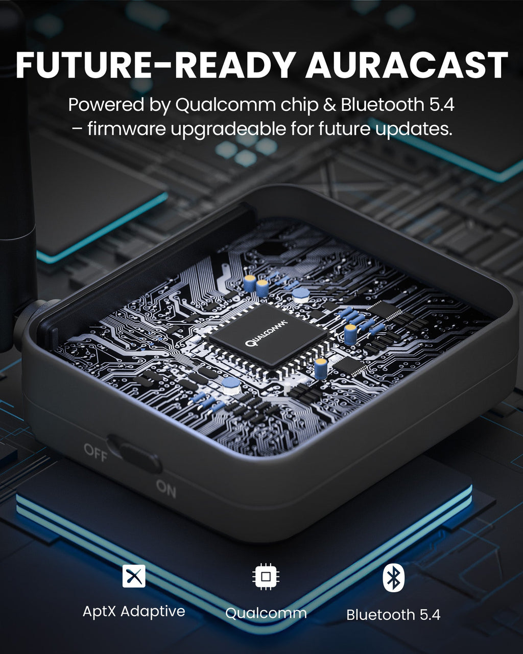 Audikast 4HA Bluetooth & Auracast TV Transmitter. Powered by Qualcomm, Bluetooth 5.4, with upgradable firmware for future updates.